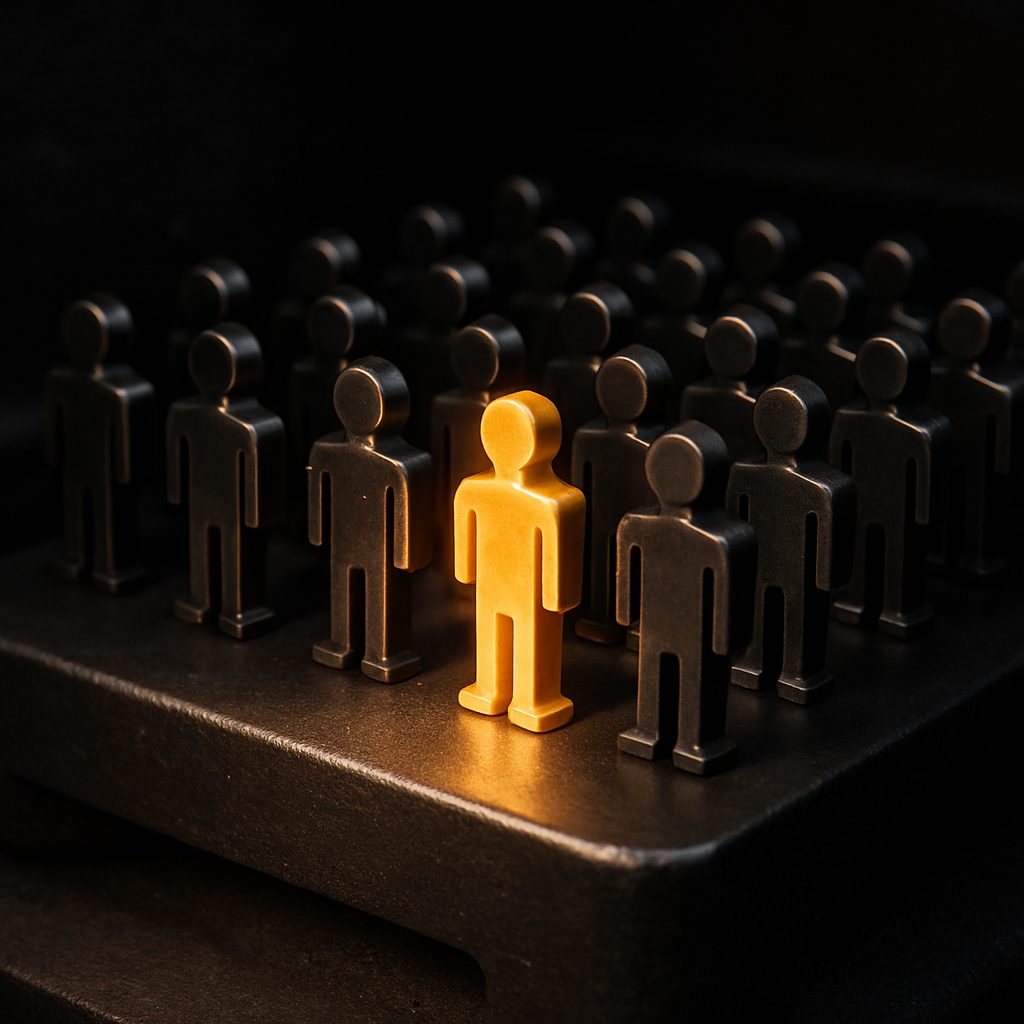 A formation of machined metal figures with one glowing gold, AI agents at work