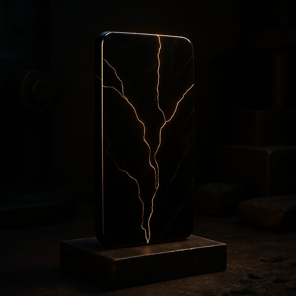 An obsidian phone slab traced with veins of molten gold, apps built by DeepByte