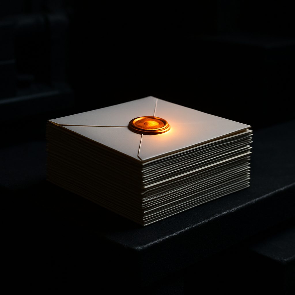 A stack of sealed envelopes sorted with machine precision, one glowing gold wax seal