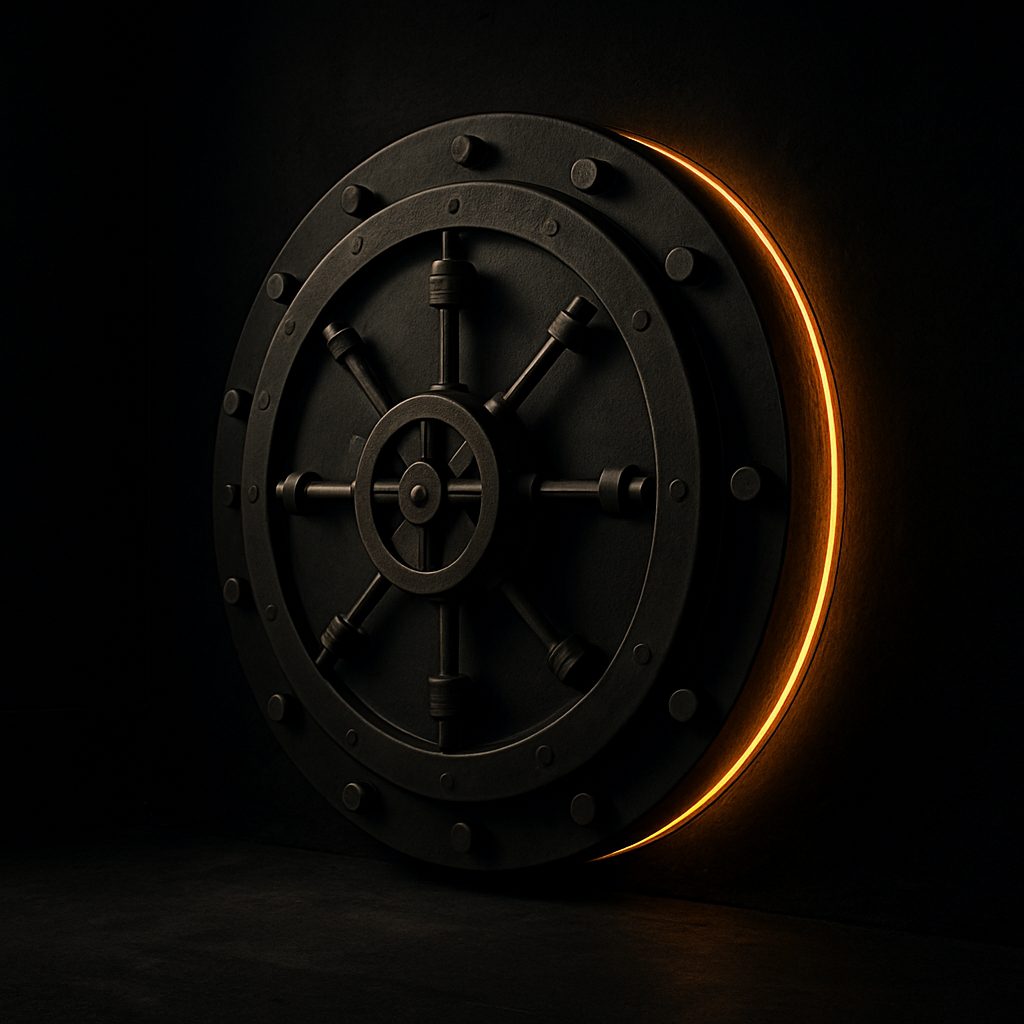 An iron vault door glowing molten gold at its seam, hardened infrastructure