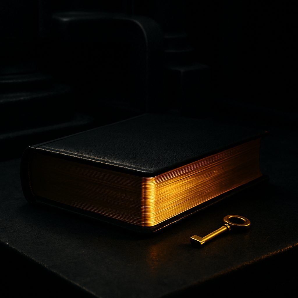 A black ledger with gilded glowing pages and a brass key, a private knowledge base