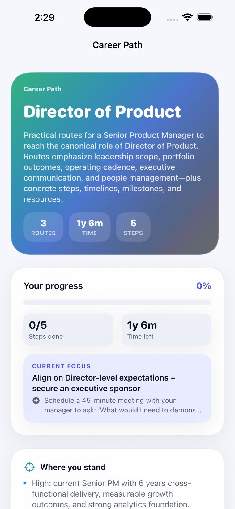 Career Labs app, AI career path screen