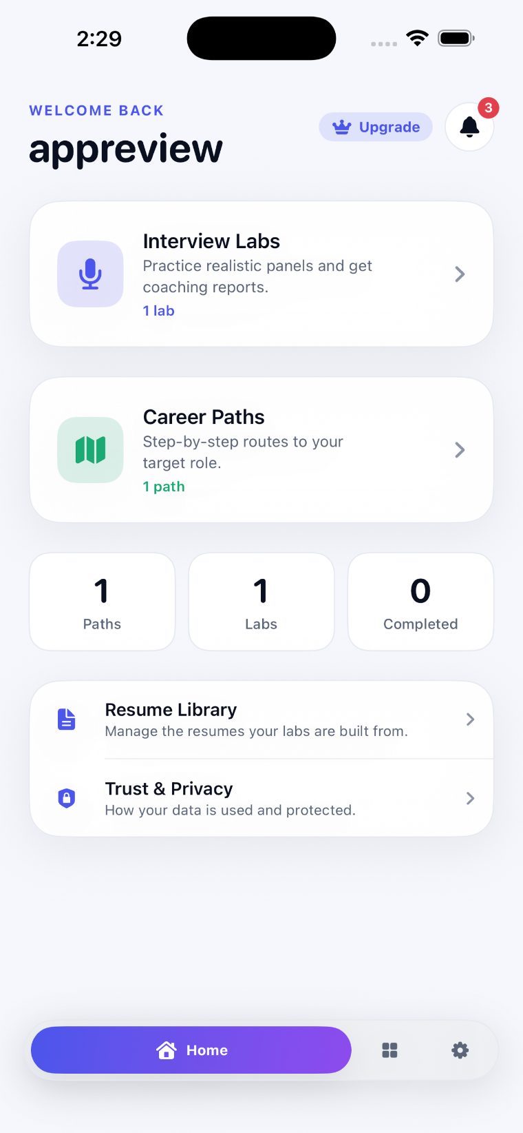 Career Labs app, home screen