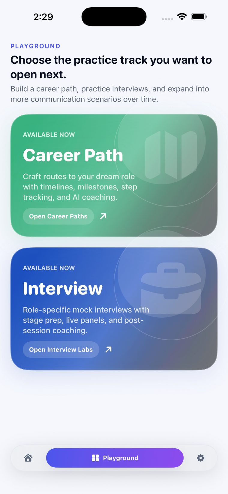 Career Labs app, interview practice screen